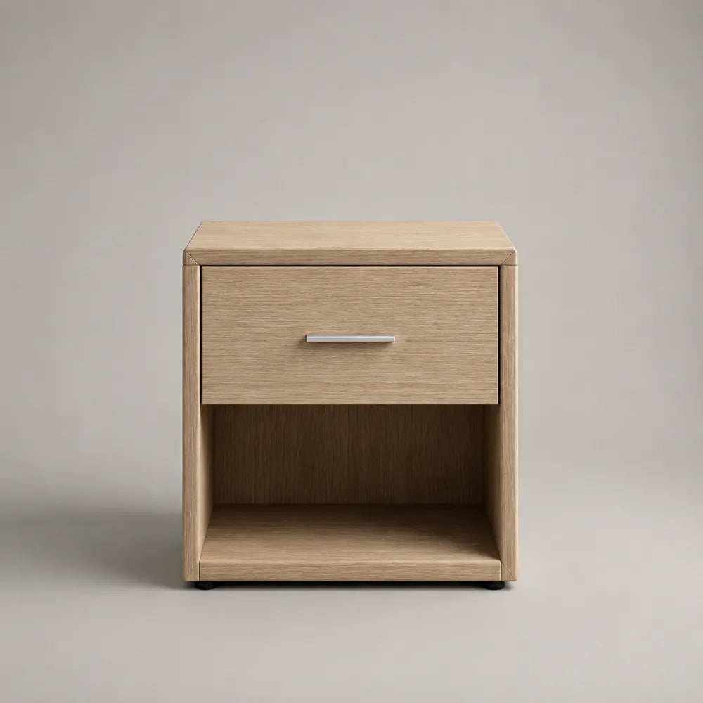 Comodino rettangolare in MDF effetto rovere con cassetto e vano aperto beige 45 x 40 x 50 cm