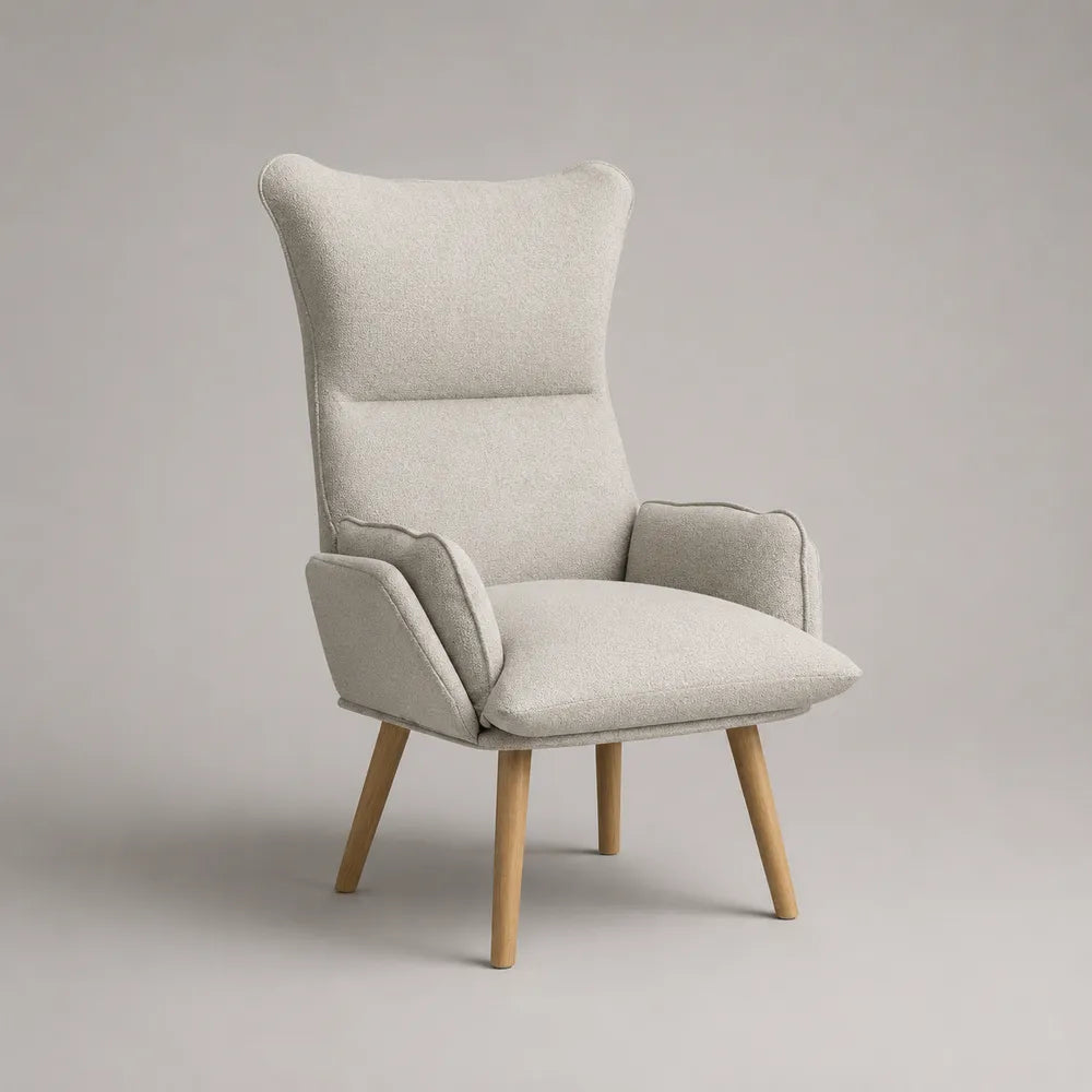 Poltrona da soggiorno imbottita in tessuto bouclé beige con schienale alto e gambe in legno 70 x 78 x 85 cm