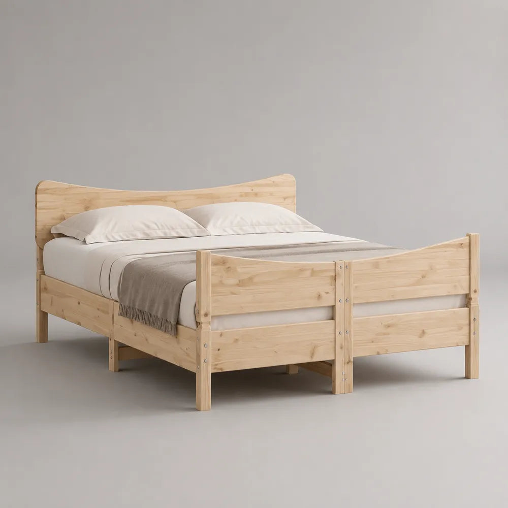 Letto matrimoniale in legno massello di pino naturale con testiera curva 160x200 cm