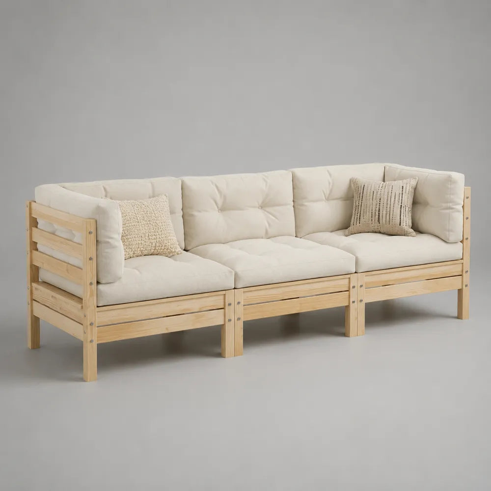 Divano da giardino 4 posti in legno massello con cuscini crema 240x80x70 cm