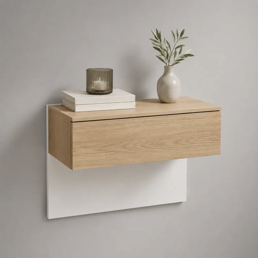 Comodino sospeso in MDF effetto rovere chiaro con cassetto e pannello bianco 80x35x25 cm