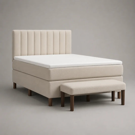 Letto matrimoniale imbottito in tessuto beige con testiera verticale e struttura rettangolare 160 x 200 cm