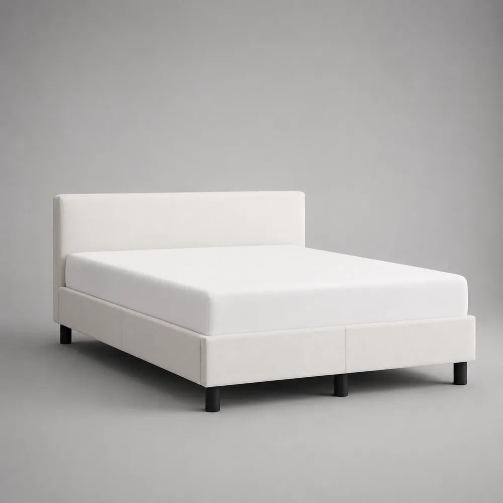 Letto matrimoniale imbottito in tessuto bianco con testiera rettangolare e piedini neri 160 x 200 cm