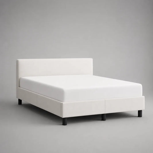Letto matrimoniale imbottito in tessuto bianco con testiera rettangolare e piedini neri 160 x 200 cm