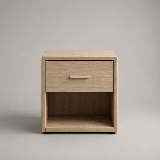 Comodino rettangolare in MDF effetto rovere con cassetto e vano aperto beige 45 x 40 x 50 cm