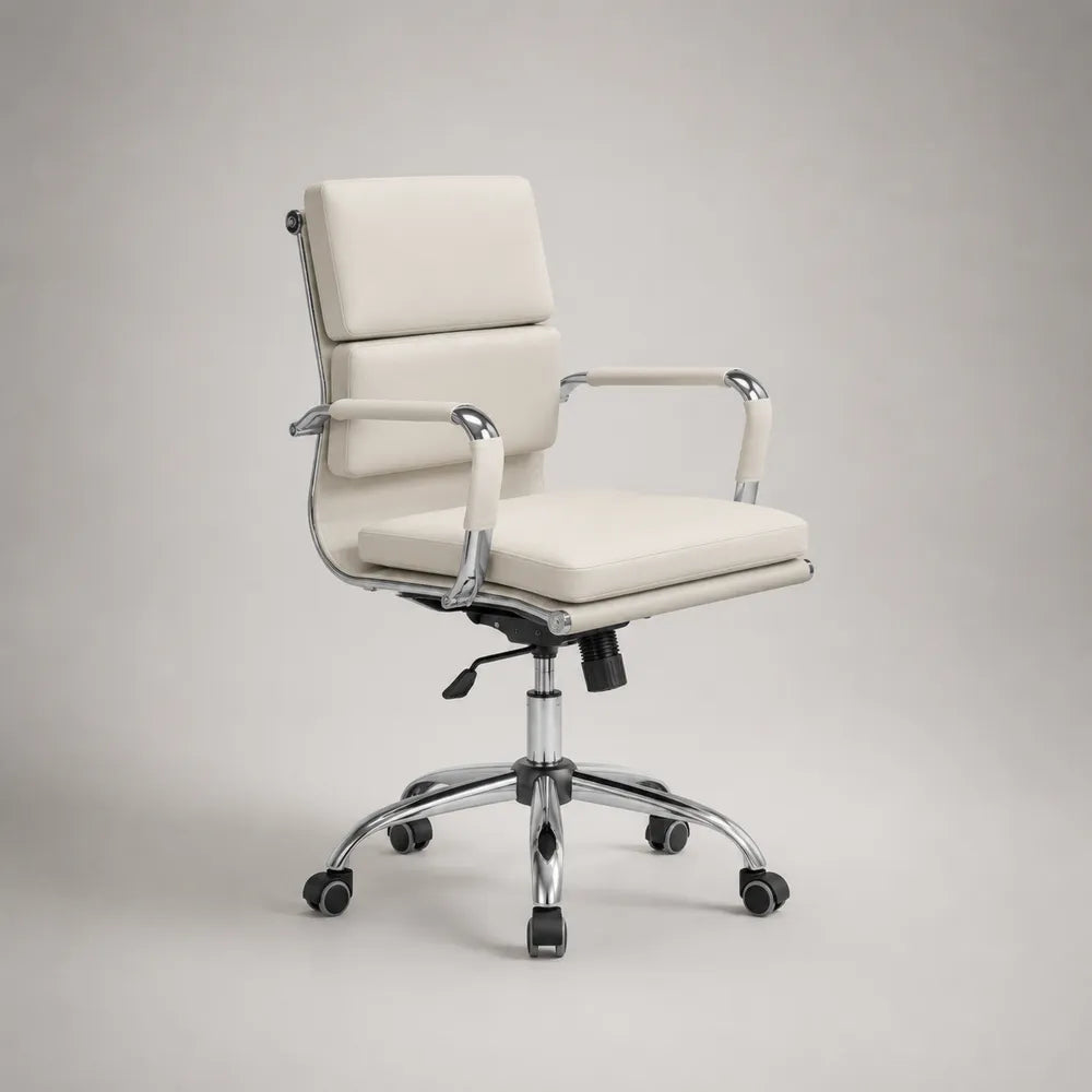 Sedia da ufficio ergonomica imbottita bianca con braccioli e base girevole in acciaio cromato 65 x 70 x 110 cm
