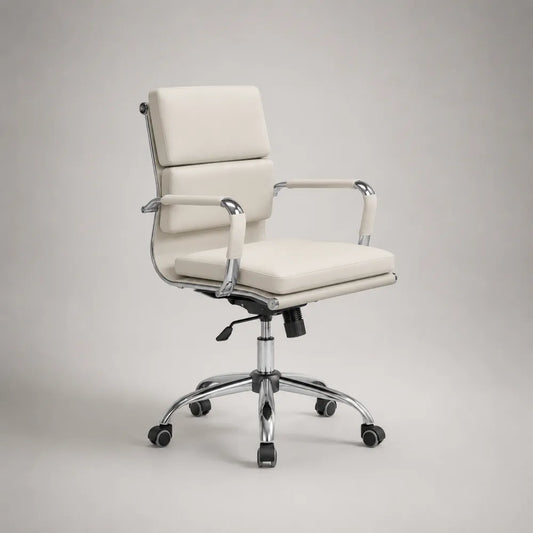 Sedia da ufficio ergonomica imbottita bianca con braccioli e base girevole in acciaio cromato 65 x 70 x 110 cm