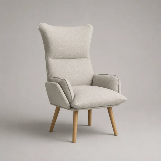 Poltrona da soggiorno imbottita in tessuto bouclé beige con schienale alto e gambe in legno 70 x 78 x 85 cm