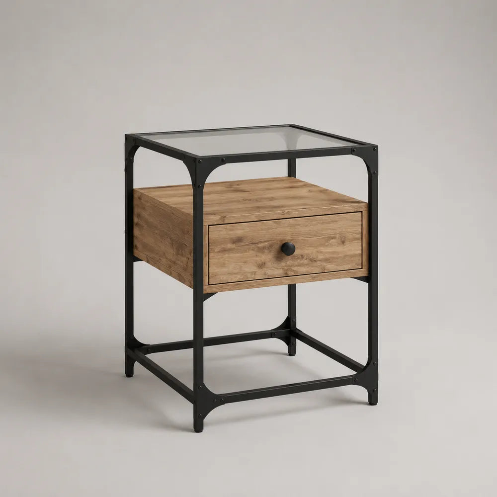 Comodino rettangolare in MDF effetto rovere con struttura in acciaio nero piano in vetro e cassetto 45 x 40 x 60 cm