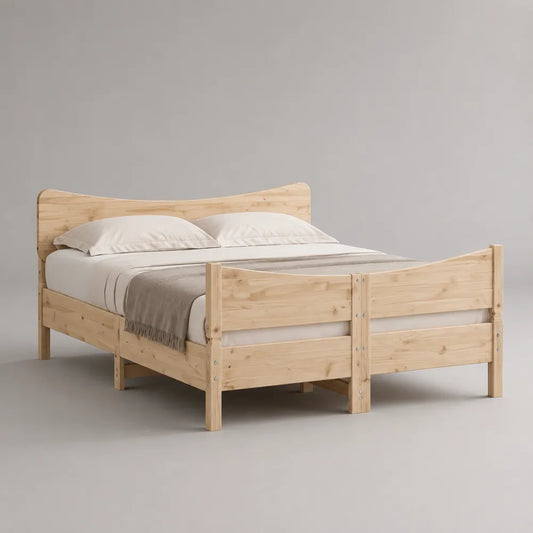Letto matrimoniale in legno massello di pino naturale con testiera curva 160x200 cm