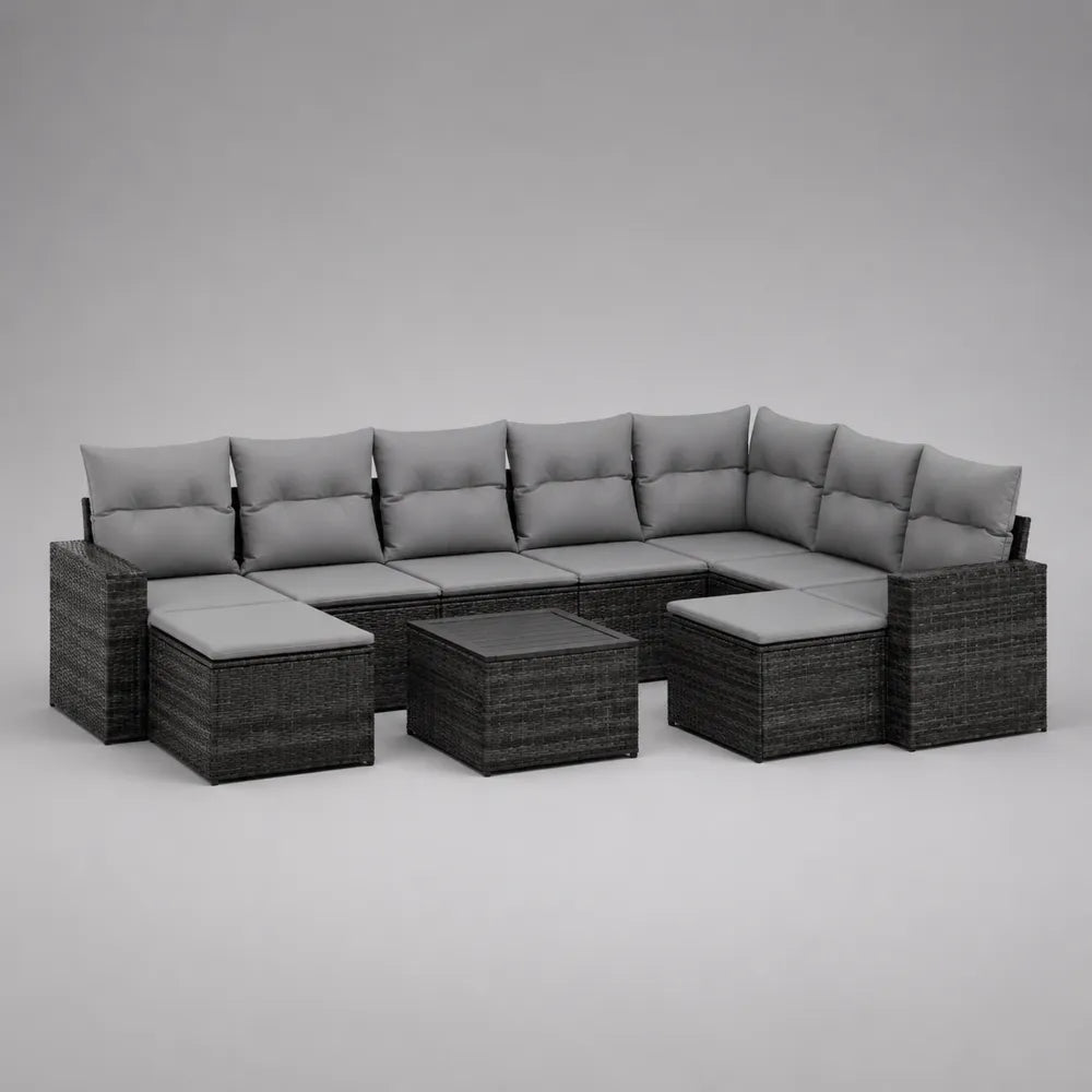 Set divano da giardino modulare in rattan sintetico grigio con tavolo e cuscini 9 pezzi 350x250 cm