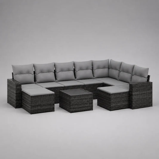 Set divano da giardino modulare in rattan sintetico grigio con tavolo e cuscini 9 pezzi 350x250 cm