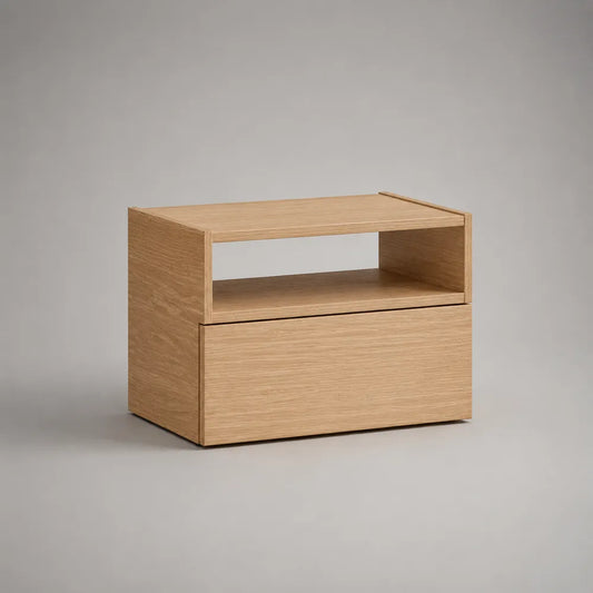 Comodino rettangolare in MDF impiallacciato rovere con cassetto e vano aperto rovere chiaro 60 x 35 x 45 cm