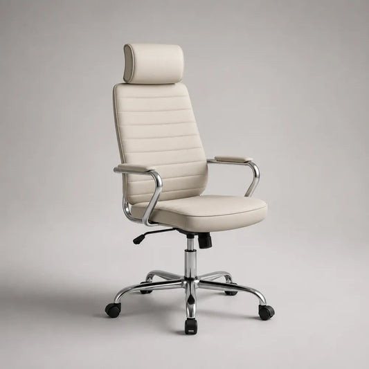 Sedia da ufficio girevole ergonomica con poggiatesta in PU e acciaio cromato beige 65x70x120 cm