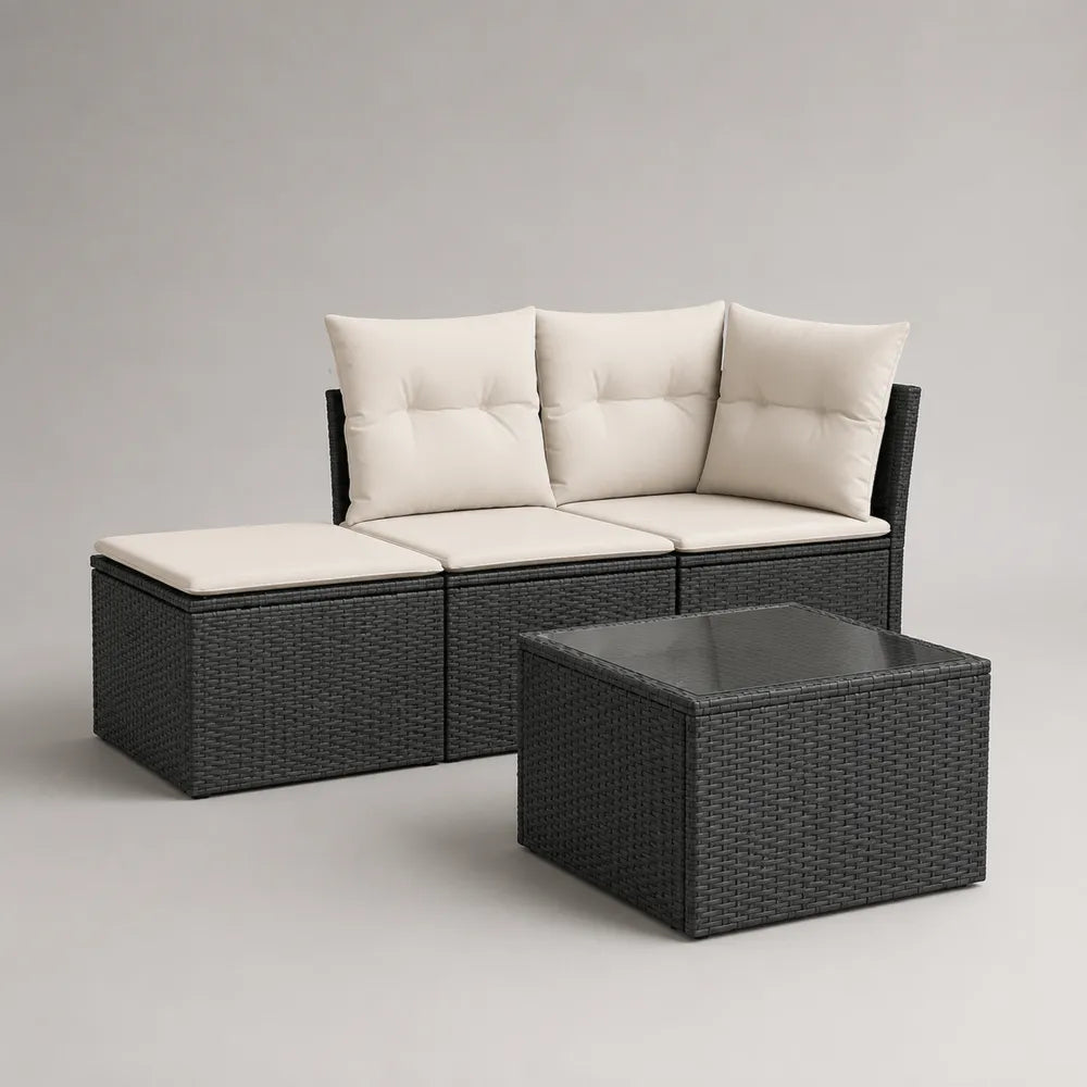Set divano da giardino modulare in rattan sintetico nero con tavolo e cuscini beige 4 pezzi 240x80 cm