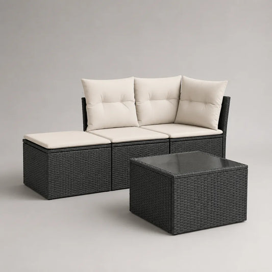 Set divano da giardino modulare in rattan sintetico nero con tavolo e cuscini beige 4 pezzi 240x80 cm
