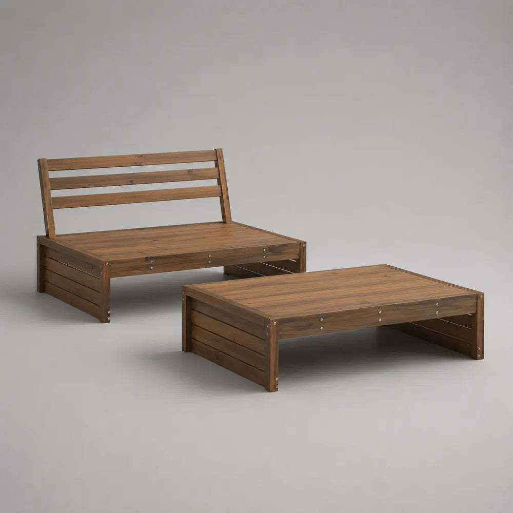 Set divano da giardino 2 posti con tavolino in legno di acacia naturale 180 x 70 cm