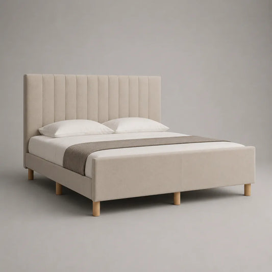 Letto matrimoniale imbottito in tessuto poliestere beige con testiera verticale 160x200 cm