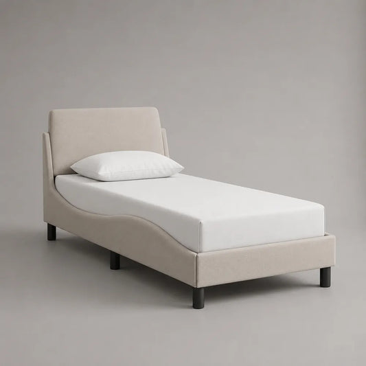 Letto singolo imbottito in tessuto beige con testiera alta e struttura rettangolare 90x200 cm